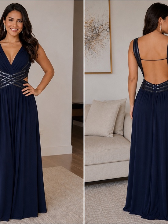 BCBGMaxAzria Dresses & Skirts - BCBGMAXAZRIA Navy Blue Sequin Embellished Open Back Maxi Evening Gown